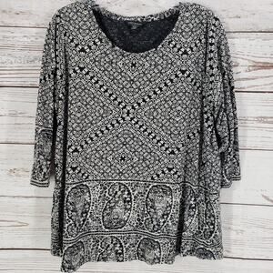 Lucky Brand Women's Black White Floral Paisley 3/4 Sleeve Top Size 1X